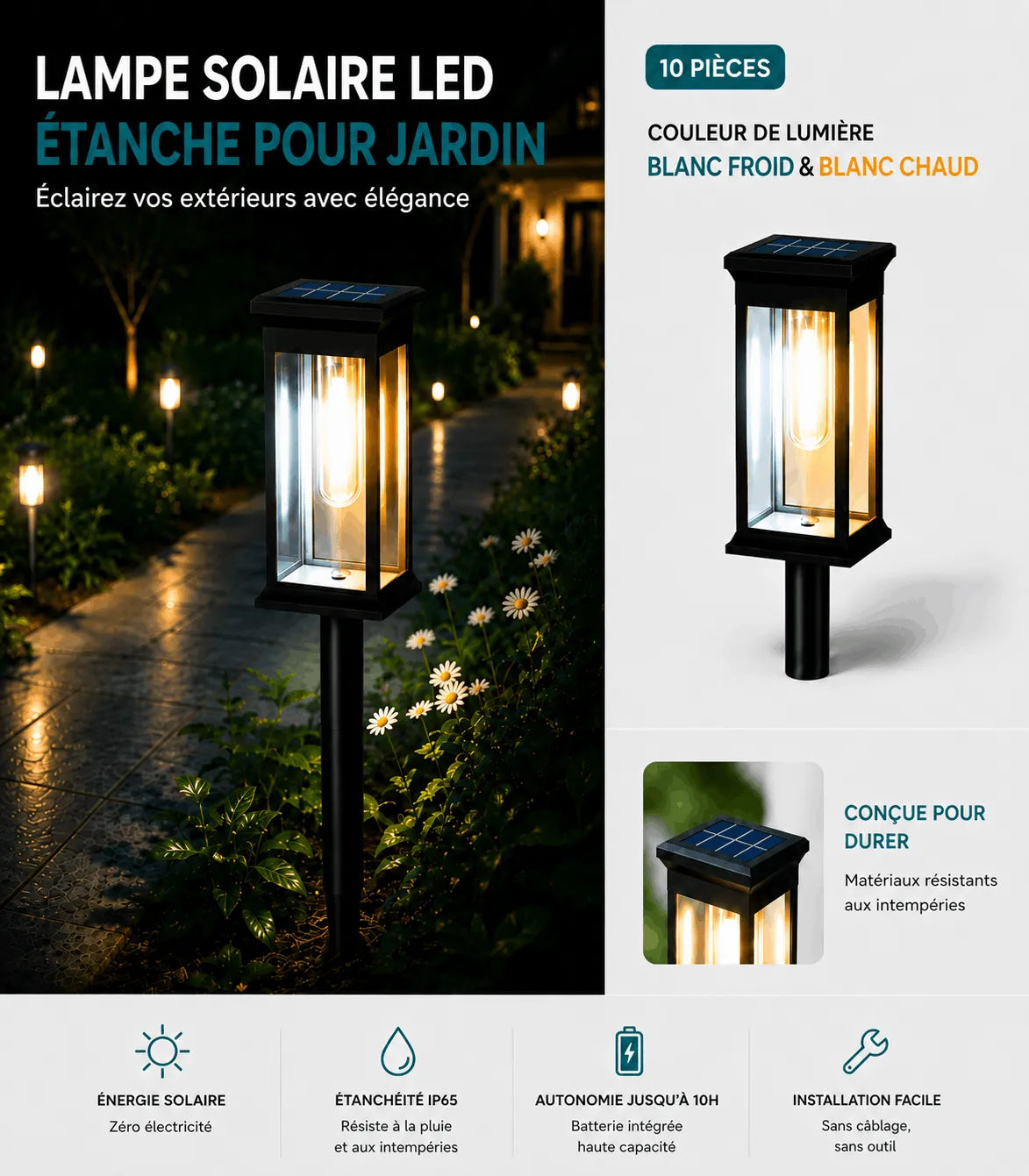 Lampe Solaire LED Étanche pour Jardin