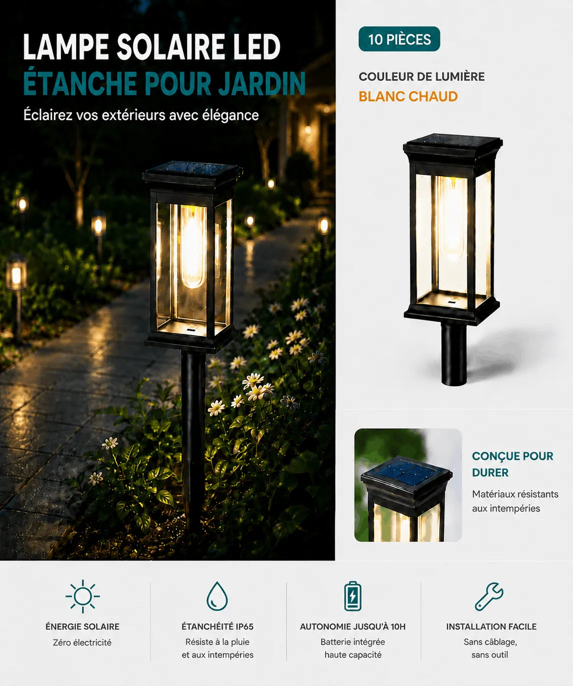 Lampe Solaire LED Étanche pour Jardin