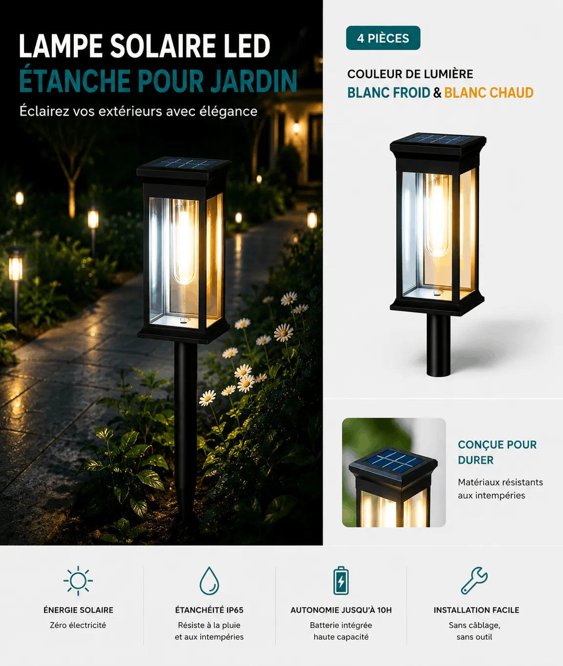 Lampe Solaire LED Étanche pour Jardin