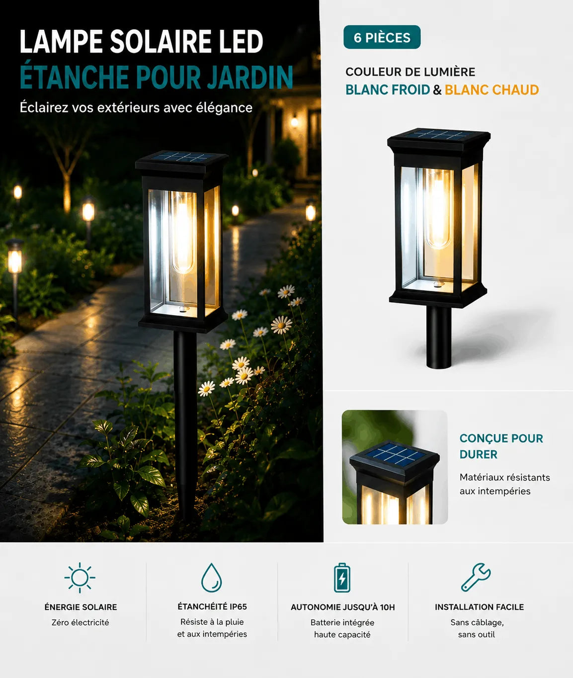Lampe Solaire LED Étanche pour Jardin