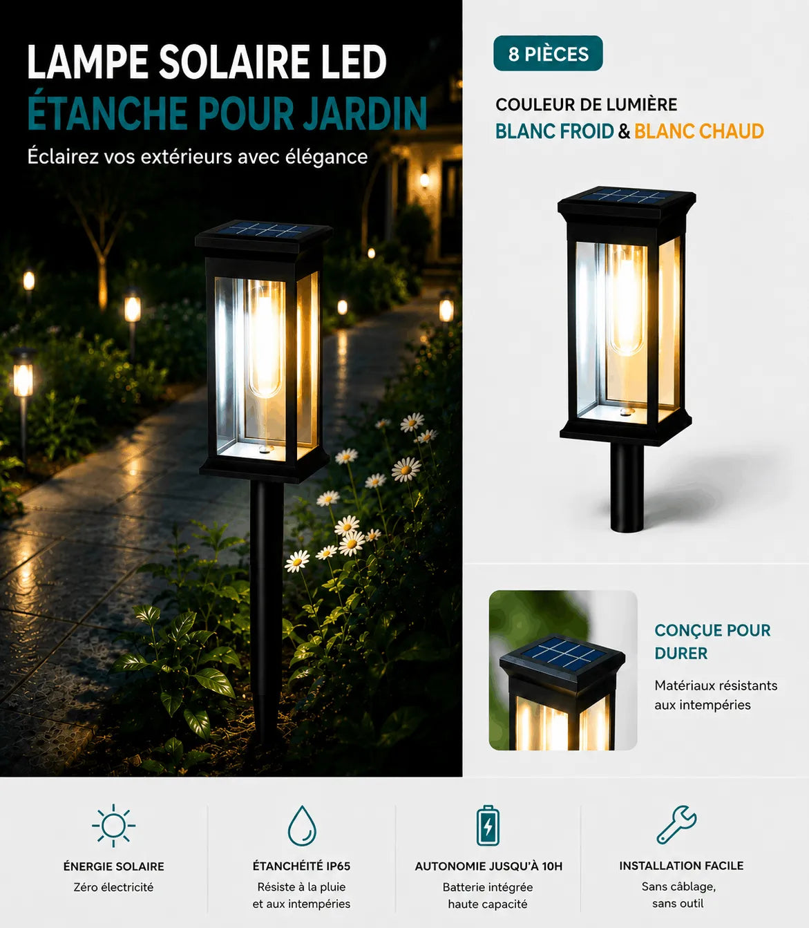 Lampe Solaire LED Étanche pour Jardin