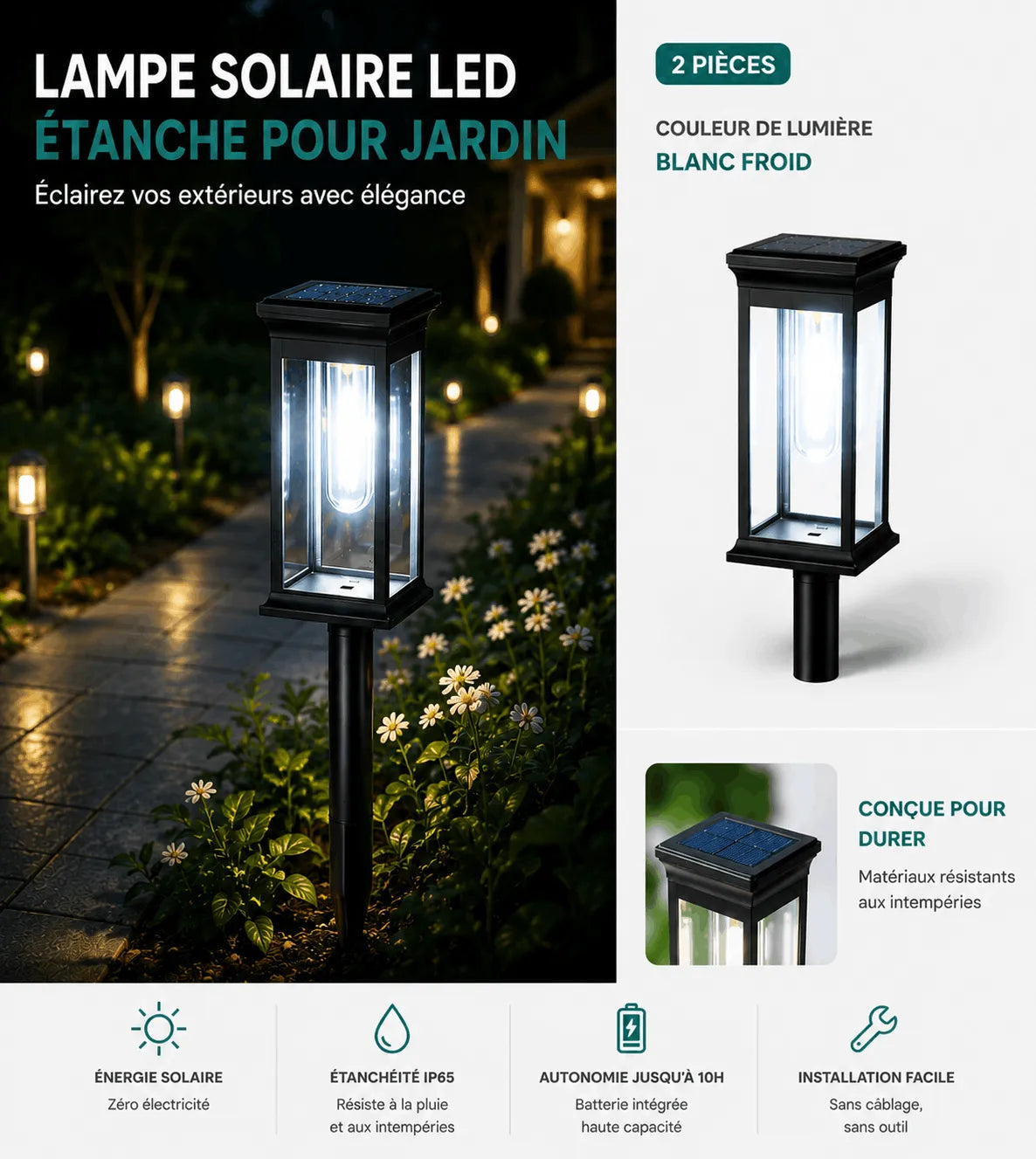 Lampe Solaire LED Étanche pour Jardin