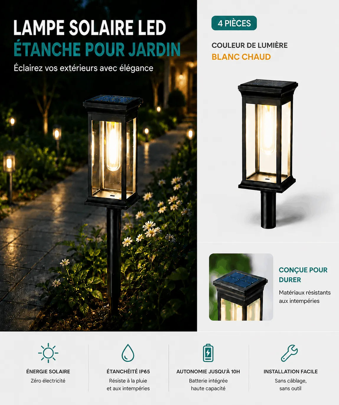 Lampe Solaire LED Étanche pour Jardin
