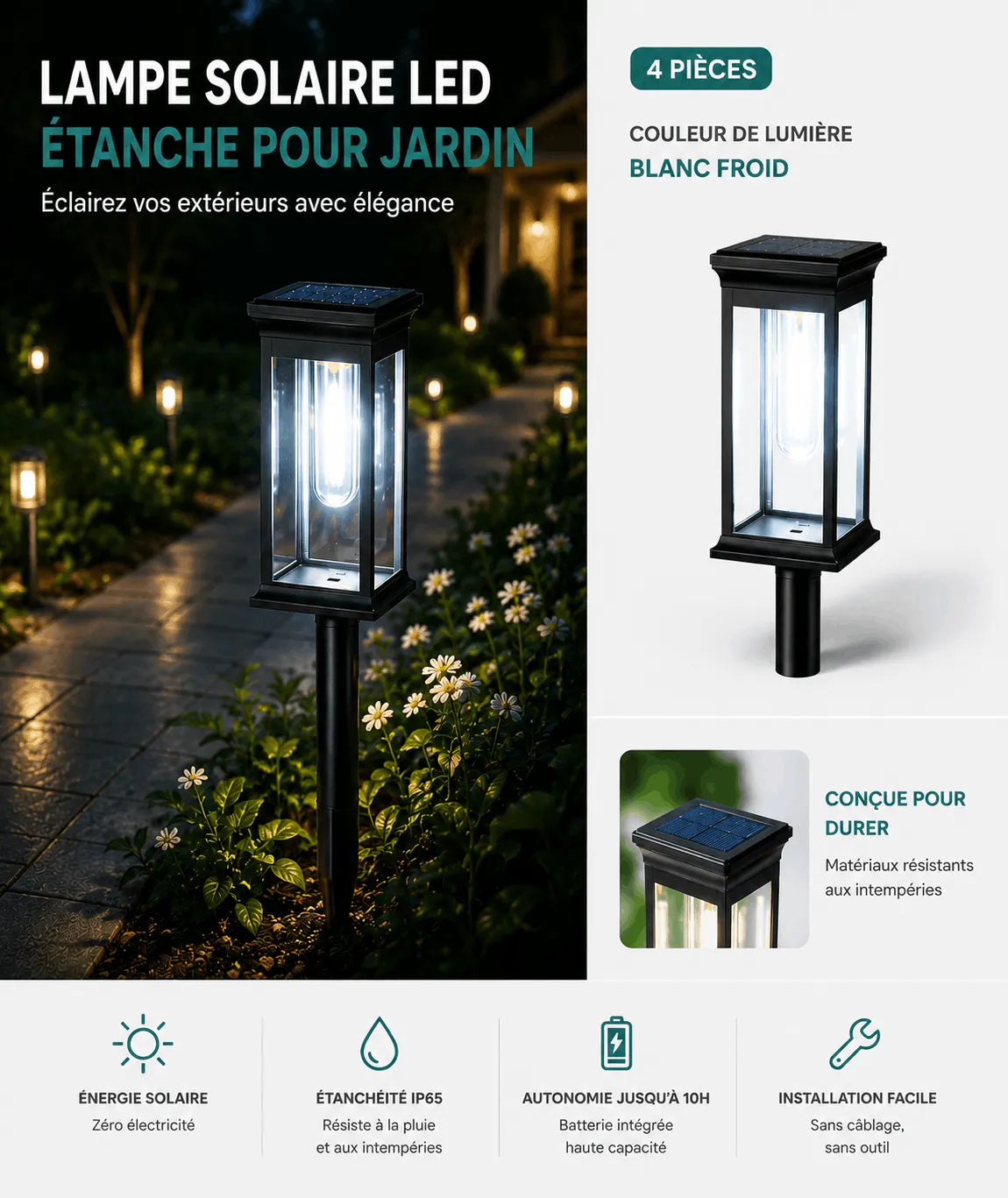 Lampe Solaire LED Étanche pour Jardin