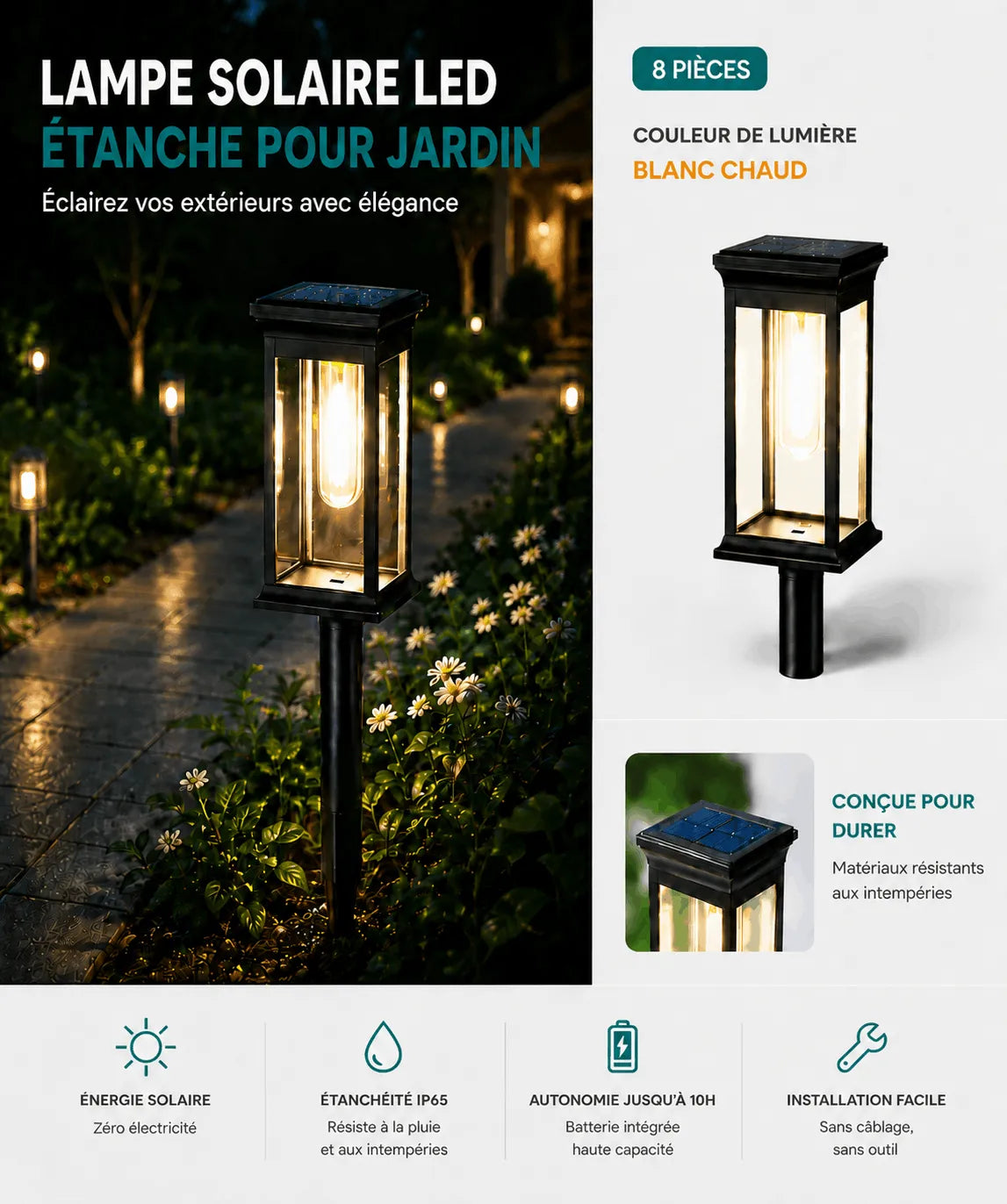 Lampe Solaire LED Étanche pour Jardin