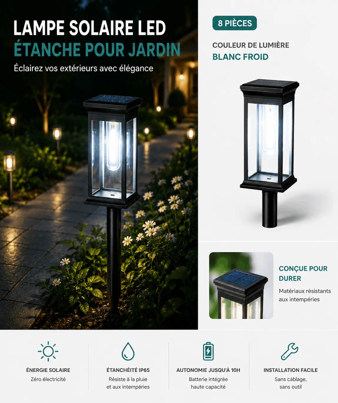 Lampe Solaire LED Étanche pour Jardin