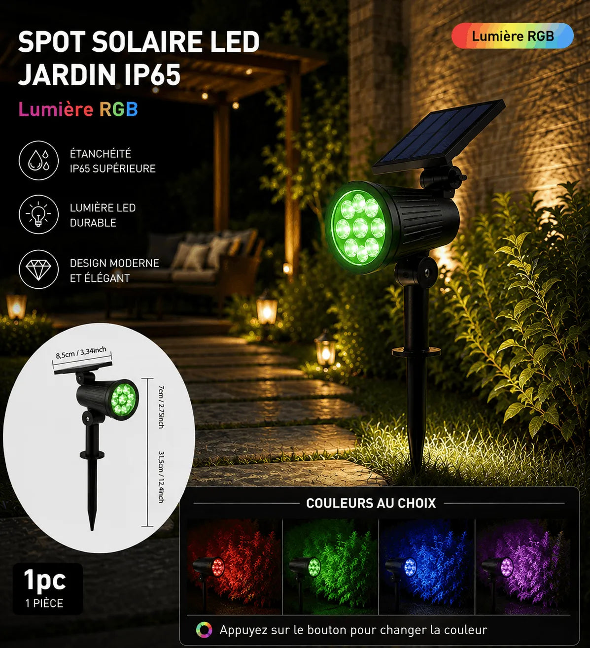 Spot Solaire LED RGB Jardin IP65